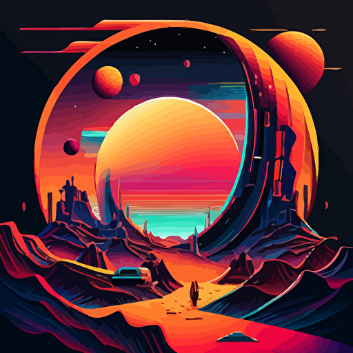 A professional high quality vector design of a Science Fiction environment in full spectrum of gradient colors, hyper detailed and black outlined