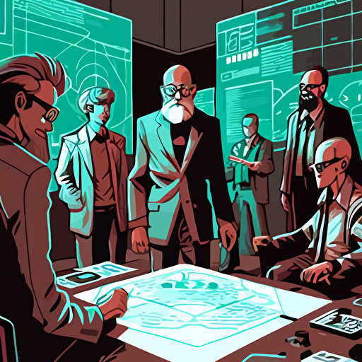 Drawing from the idea of collaboration, design a vector illustration of Satoshi Nakamoto joining forces with other influential figures from the world of technology to create a groundbreaking new project that revolutionizes the way we think about currency. Set the scene in a futuristic conference room.