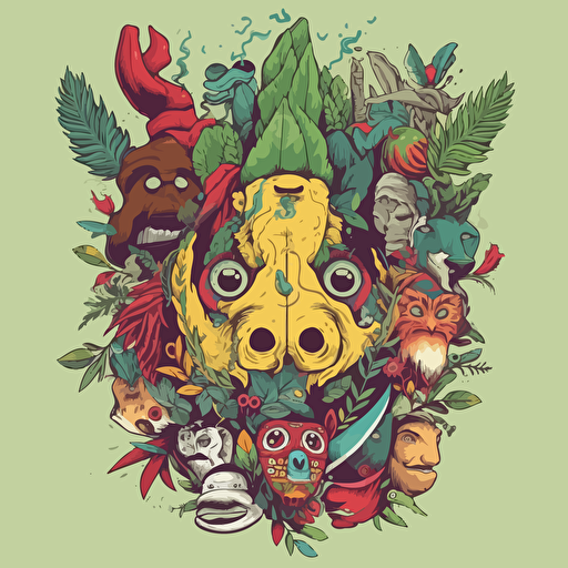 marijuana animal mask totem roots flower tribal feather plant tree shaman video games vector cutout illustration bright multicolor borderlands comics by josan gonzales, v9