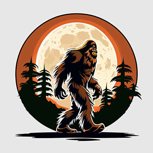 bigfoot with the moon behind him, vector logo, vector art, emblem, simple cartoon, 2d
