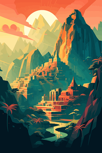 machu picchu, illustration, painting, bright lighting, sun in sky, flat,vector