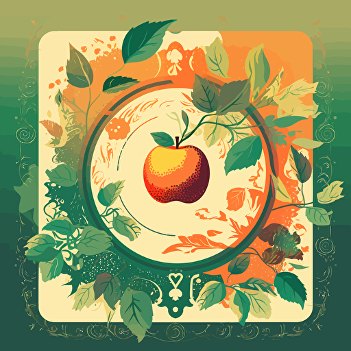 open apple illustration with framed botanical ornaments simplified illustration with a shinning sun using the illustrator illustration styles, vectorized, moder pantone colorful pallet