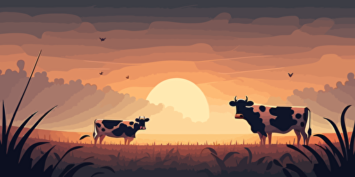 2d vector game illustration Cows in the meadow, early morning a little bit of fog flurries, sunset landscape cartoon