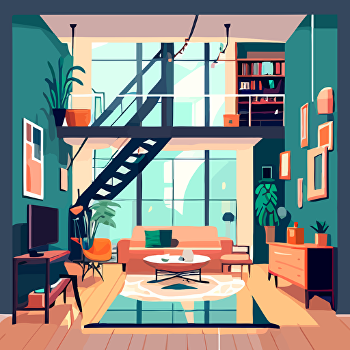 flat design 2d illustration vector 6 colors small apartment mezzanine with giant mirror living room