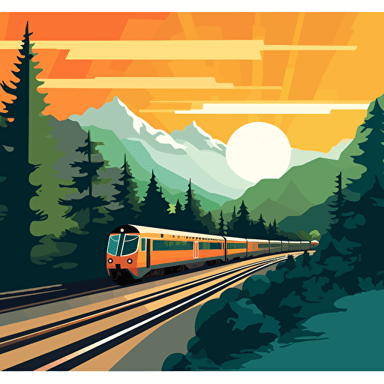 simple vector art of train passing by, trees, sun and mountains behind the train, railroad