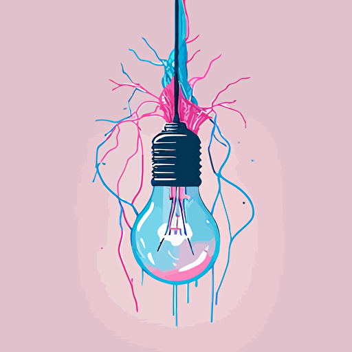 a light bulb with wires, flat vector, pink and blue