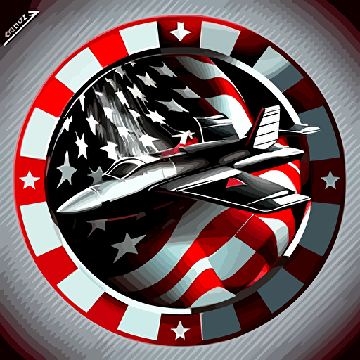 red, white, black, chess board, silver f18 jet in circle, badge, american flag, stars, stripes, jet , rook chess piece, vector art, illustration, 2d, detailed