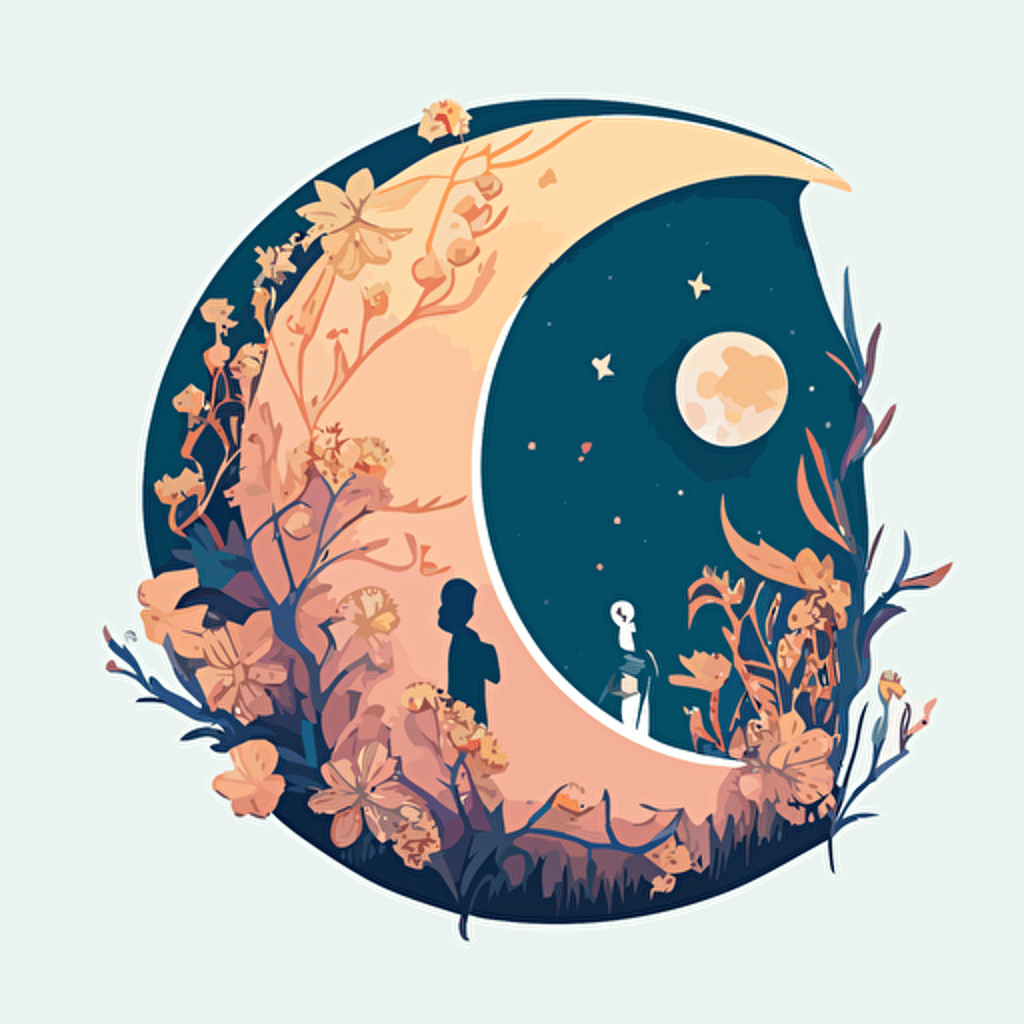 vector art of half moon and a fairy sitting with flower in the half moon simple flat