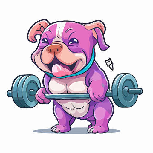 vector happy pitbull puppy tired from lifting weights+ sticker+ white background + vibrant pink and purple+ cartoon