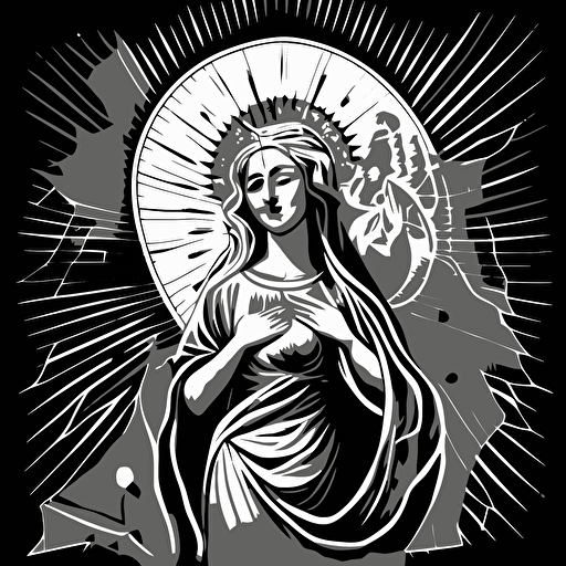 mother mary holding sacred heart, vector style, grey scale, line drawing, medium detail