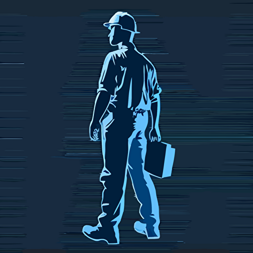 silhoette of professional tradesman, blue color, gray background, simple design, vector style, white outline over silhouette