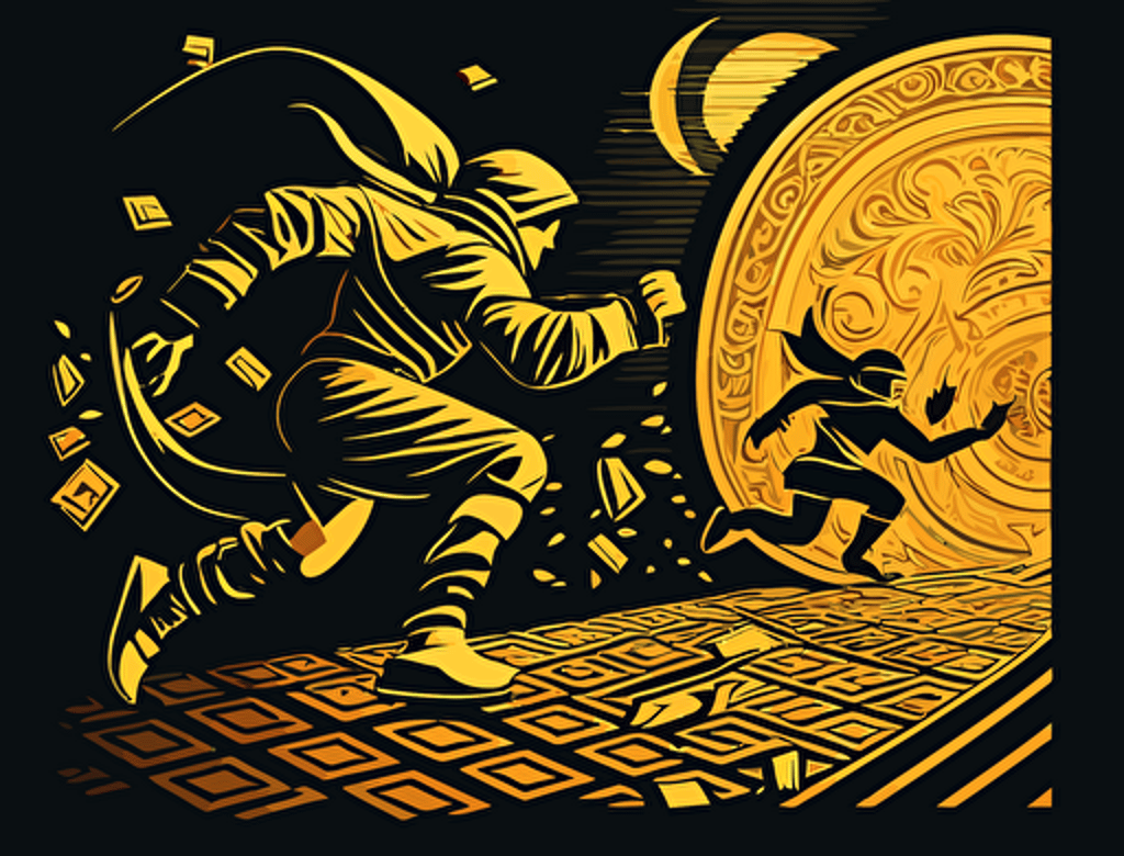 vector of robbery chasing victim and carrying gold copyright coins, in the style of code-based creations, innovating techniques