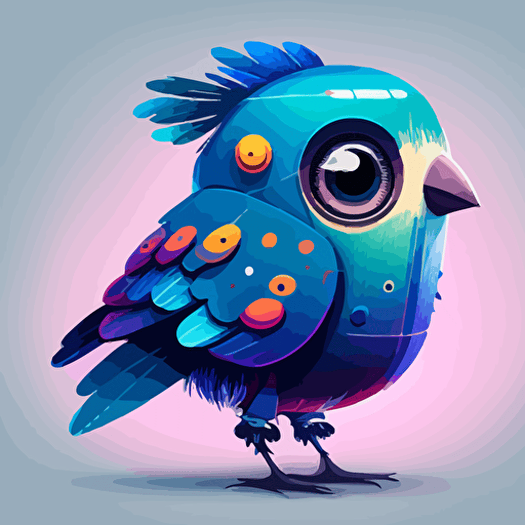 chubby, happy, robotic blue bird, bottom heavy, large eyes, subtle gradients, colorful feathers, flat style, vector art, 2d