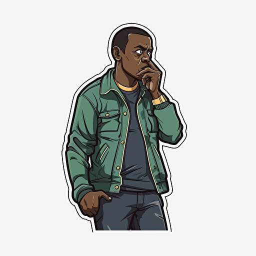 Stickers, vector art, gta 5 style, a black guy with a joint in mouth, holds his hand to his mouth as if whispering, full-length