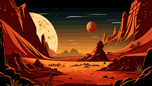 mars desert valley planet landscape,wide angle,night time,comic,anime style,vector,