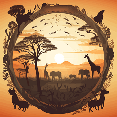 An illustration of an African landscape through a frame of African continent shape, with animals, sun, and savanah, limited color pallete, beautiful, detailed, vector, svg, shadows, highlights, inspiried by art by Andrey Prokopenko, hi res