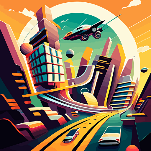 Vector Art of a futuristic city, showing flying vehicles, interconnected building pathways,