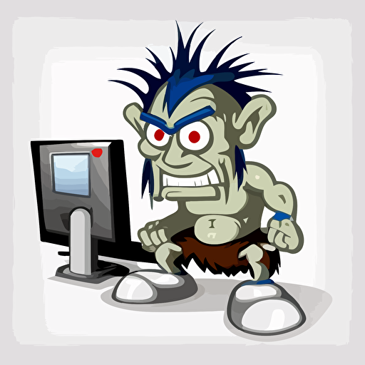 troll using a computer, vector logo, vector art, emblem, simple cartoon, 2d, no text, white background