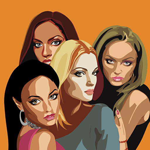 the Spice Girls, Melanie Chisholm, Geri Halliwell, Victoria Adams, Emma Bunton, Melanie Brown, 1997, cartoon style, vector, minimalistic, v5