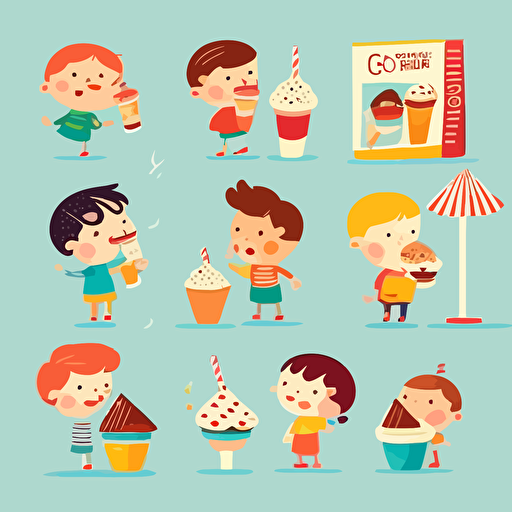 fastfood, multiple angle ,children's book illustration style, simple, cute, full color, flat color,vector