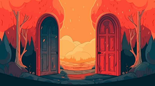 simple warm color background with two large curved doorframes, situated in the middle of the frame, with both doors being portals to other worlds. The left door opening to a town with creatures. The right opening to colorful wildlands. Vector illustration. 2D hand drawn cartoon animation style with bright colors.
