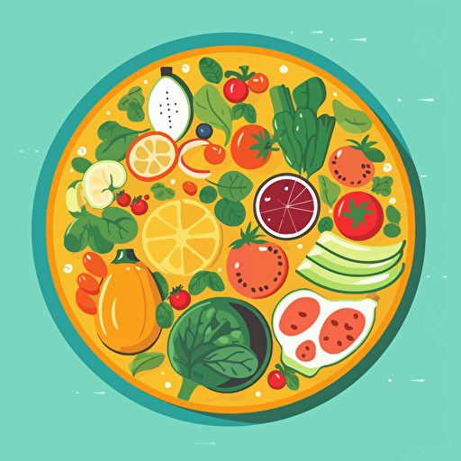 vector logo containing stylized illustration of a plate with colorful vegetables and fruits arranged in a balanced way, healthy, fresh