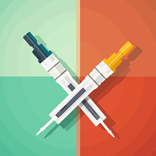 two syringes collinding eachother, flat design, vectorial style, simple colors, logo, unicolor background,