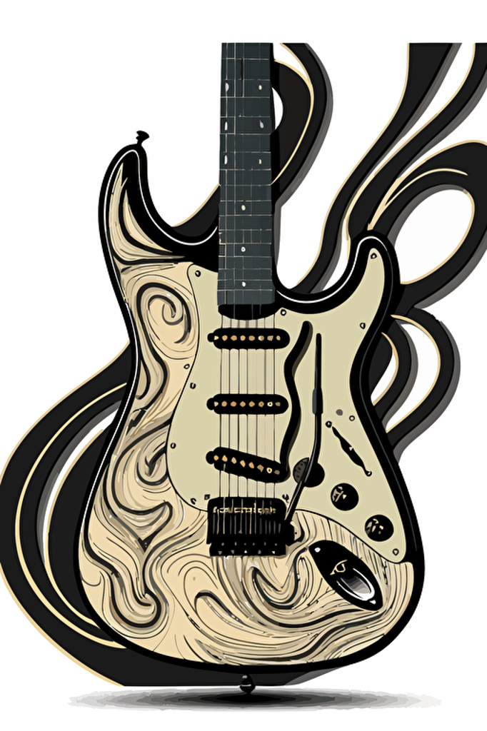 full size electric guitar, illustration with black outline, vector art, black outline, 4 muted colors,