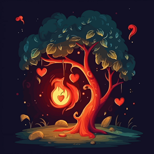 A letter and fire apple in night forest, vector cartoon style