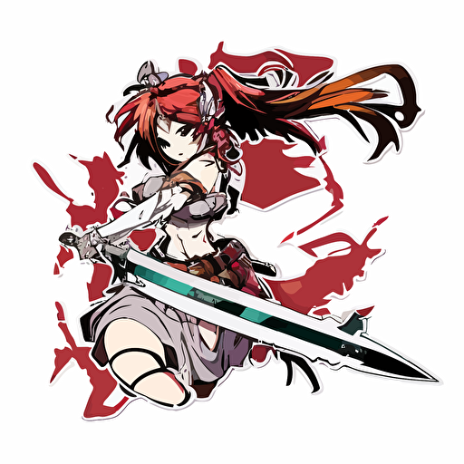 Girl with Sword, Sticker, Intense, war colours, Anime, Contour, Vector, White background, Mininal