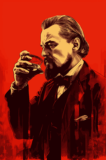 side view of Leonardo dicaprio in django unchained holding a small glass, front view, poster, vector, gritty, detailed, red background