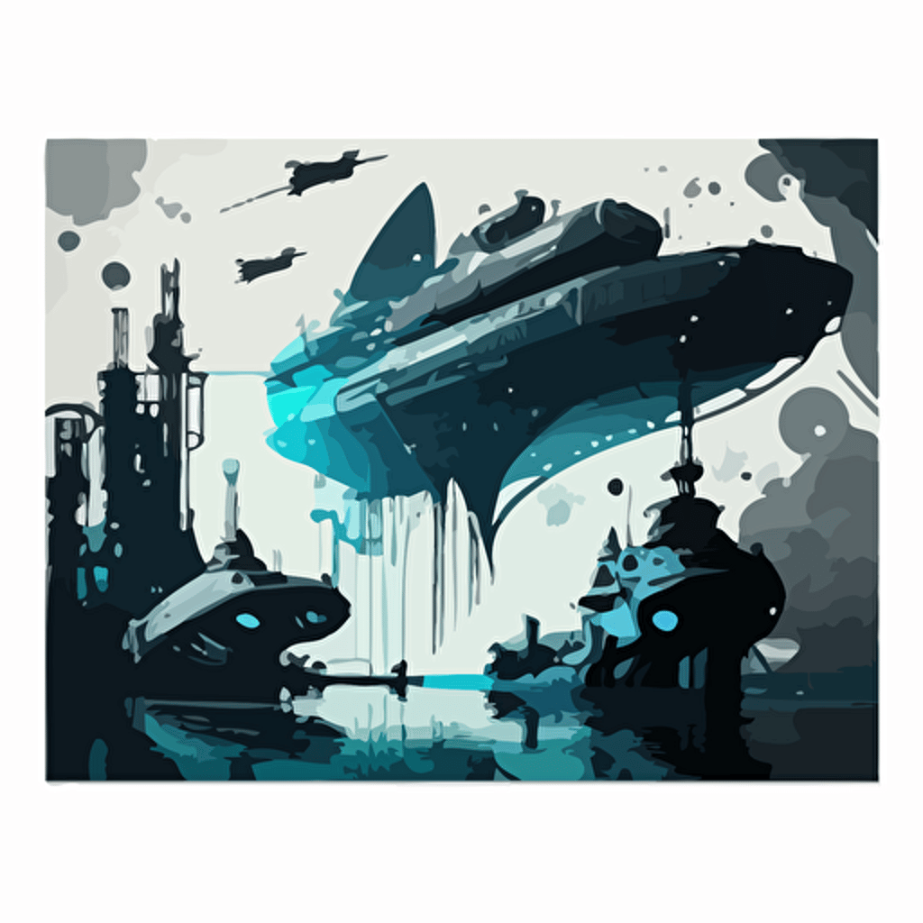 Small, futuristic vessels departing from the port, Blue Black and white, Vector and oil paint poster art,