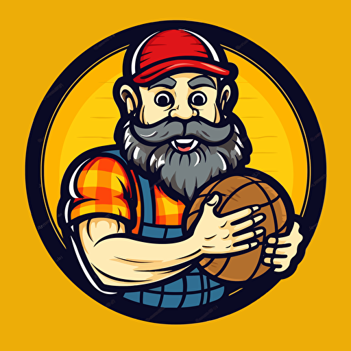 cartoon logo of lumberjack holding a backetball simple vector blue red yellow