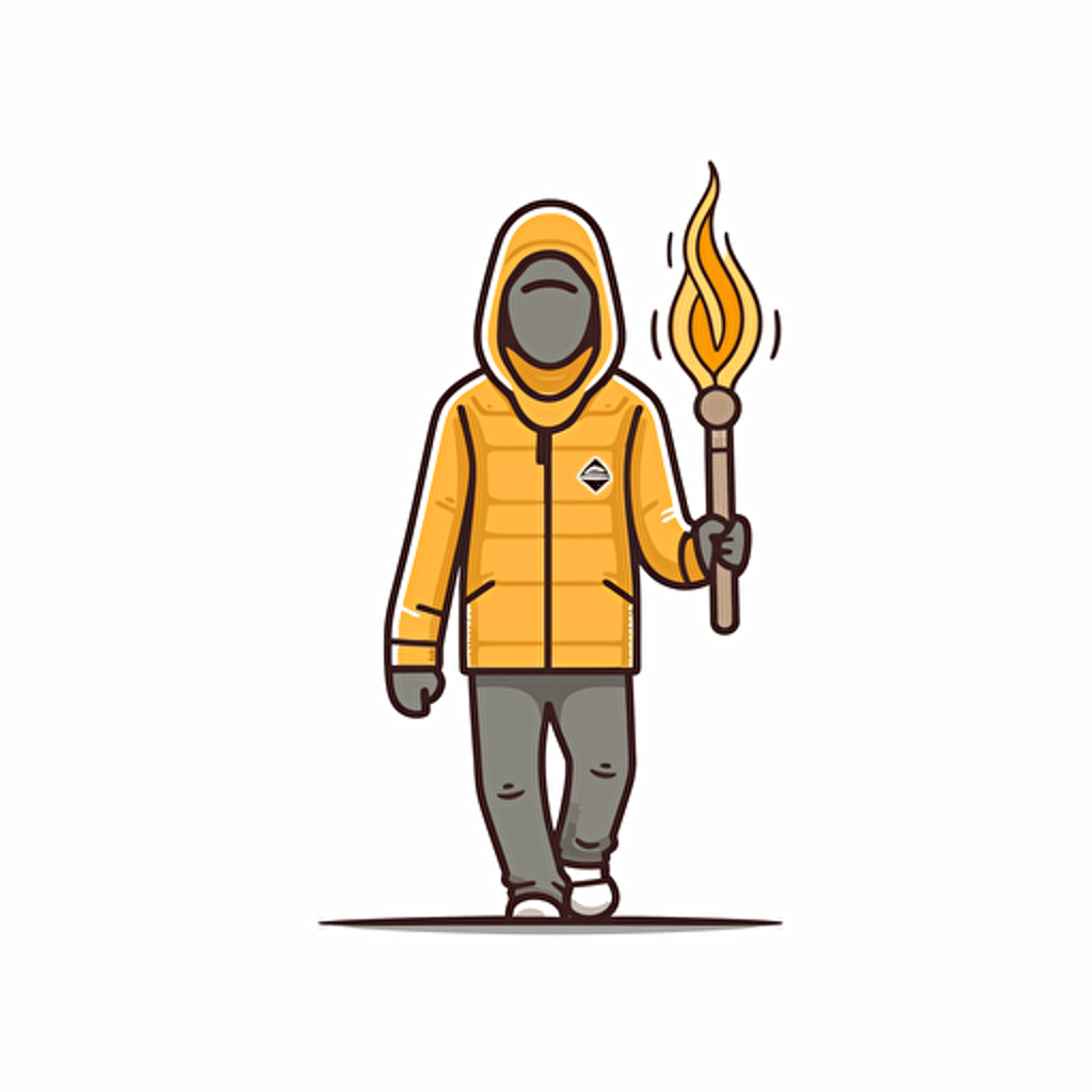 2d vector icon. a Arsenal FC ultra supporter is holding a golden flare torch. Supporter is wearing a stone island jacket and a balaclava.