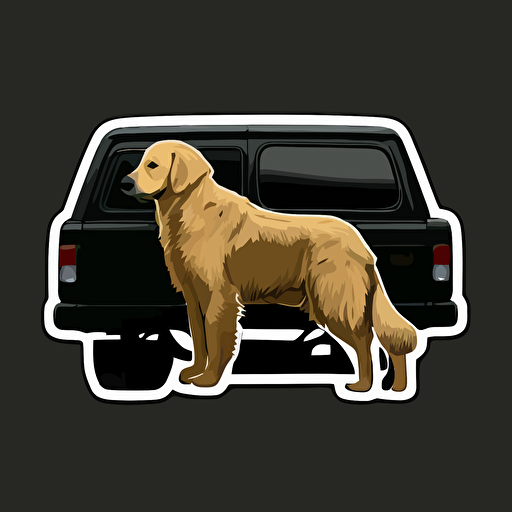 a sticker of a Jeep looked from behind that has a golden retriever on it in 2D vector style, black background