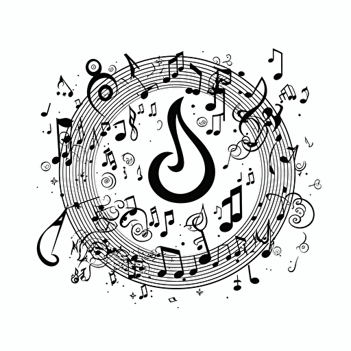 a black and white clipart about music, inscribed ina circle, vector, on white background
