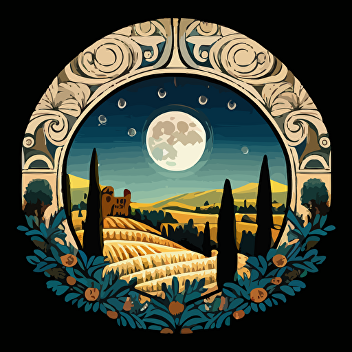 full moon over Tuscan style countryside view formed only by italian renaissance patterns in vector art style