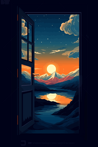 looking outside through an open door, outside of the door are mountains and rivers and a bright setting night sky, illustrated, 2d, vector art