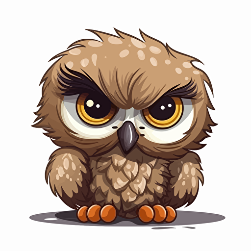 cute baby owl with ruffled feathers, style of children's cartoon, vector art, isolated on white, no background