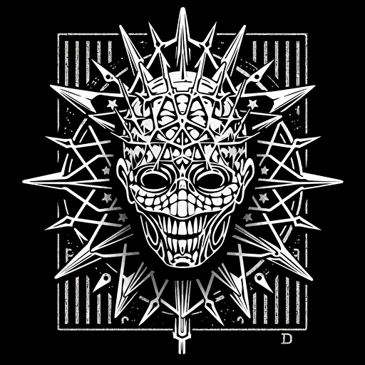OBEY design style pinhead from hellraiser, skateboard brand logo design poster, white on black, 2048x2048 pixels, vector