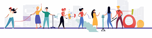 people drawing a roadmap on a long canvas, different kinds of skin and hair and gender, fun start-up, colorful vector illustration for slide presentation, flat color palette, true white background