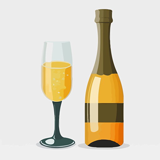 champagne flute and glass in a vector art cartoon style, flat color,