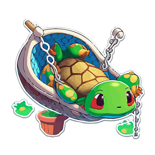 animal crossing style turtle in hammock, vector, sticker, white background