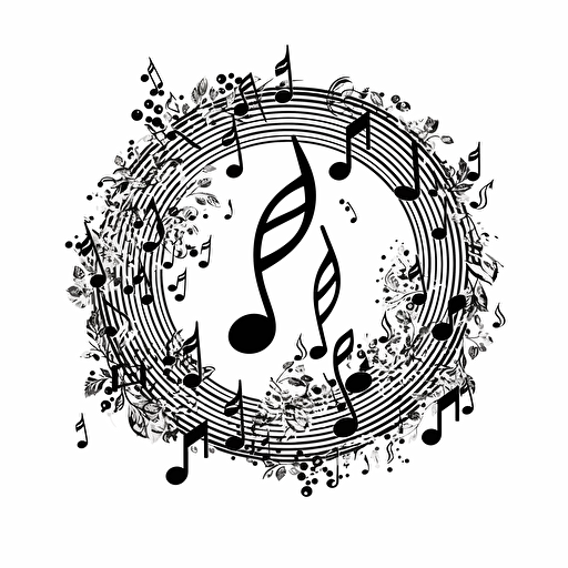 a black and white clipart about music, inscribed ina circle, vector, on white background