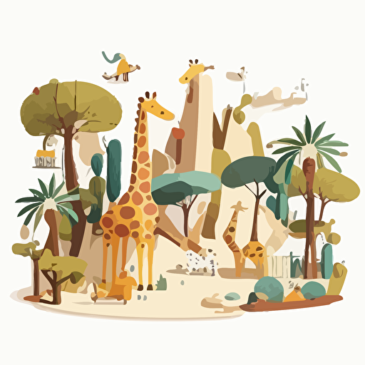 panoramic shot, giraffe in zoo, majestic, children's book disney style, flat colors, 2d, vector, white background