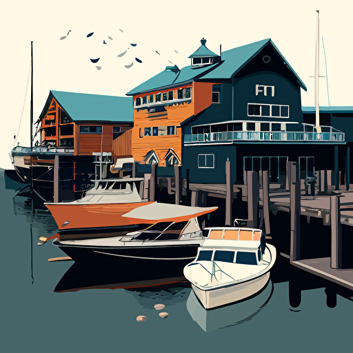 simple vector drawing of basic marina buildings with long dock, small commercial boats at the dock