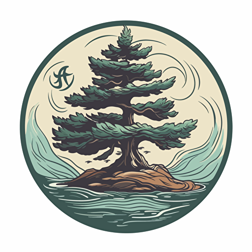 pine tree,water,vector style,emblem,sticer