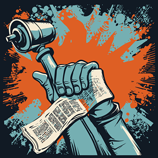a vector image of a black hand grasping a college diploma and holding it high into the air, blue and orange and dark gray, graffiti style