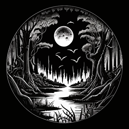 black and white drawing of a fantastical, dark, occult swamp, 700mm diameter circular image with black outer border, vector