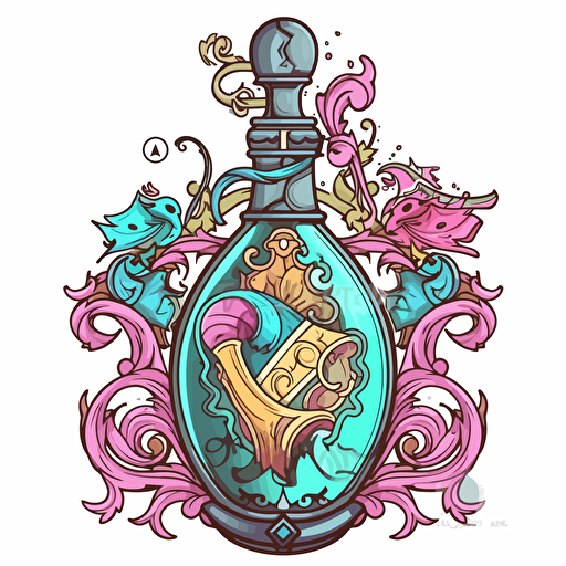 Digital illustration of coat of arms with thick black outline, fantasy inspired, shield, sword, potion, white background, cute, colorful cel-shaded potion bottle in Pixar style, prop design, contour, vector art